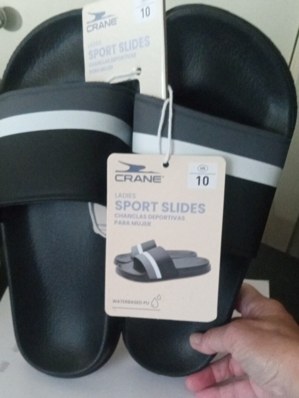 NWT Ladies Crane Black Sport Slides with White Stripe Women Size 10